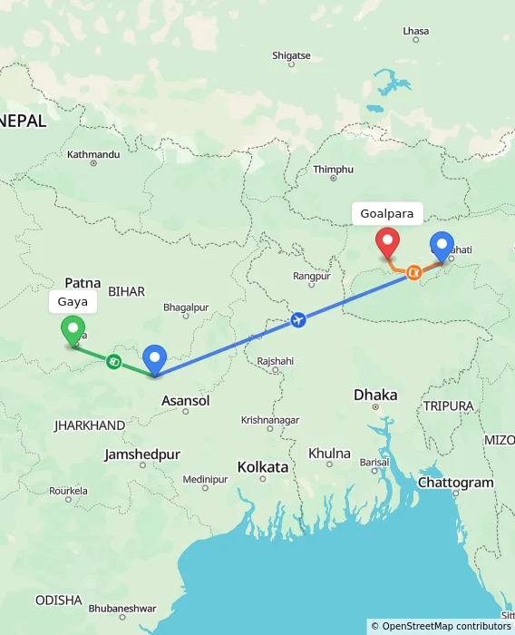 Route map showing distance and travel time from Gaya, India to Goalpara, India