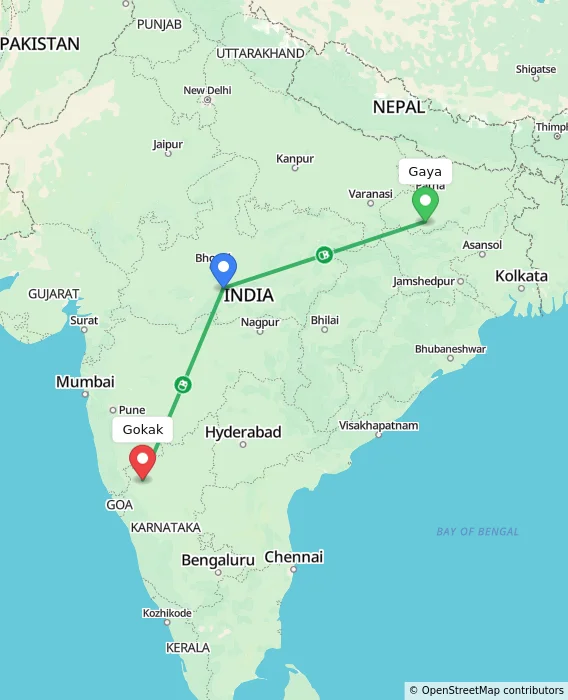Route map showing distance and travel time from Gaya, India to Gokak, India