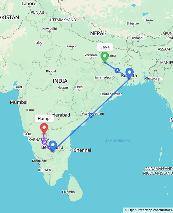 Route map showing distance and travel time from Gaya, India to Hampi, India