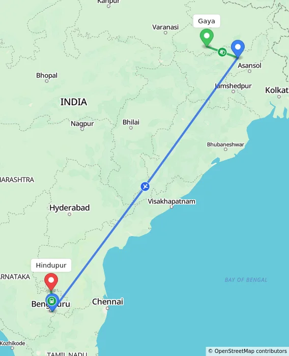 Route map showing distance and travel time from Gaya, India to Hindupur, India