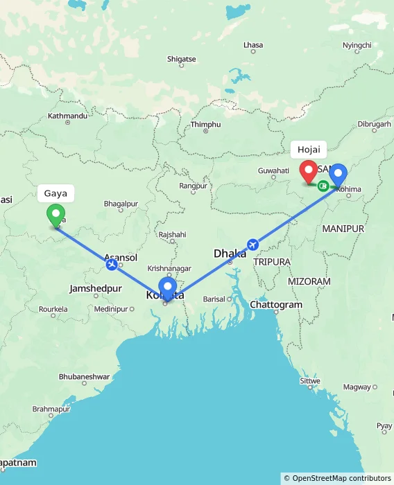 Route map showing distance and travel time from Gaya, India to Hojai, India