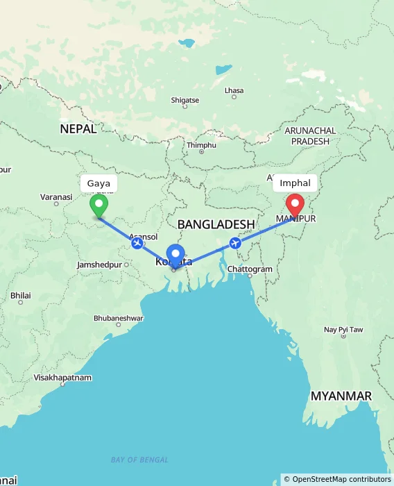 Route map showing distance and travel time from Gaya, India to Imphal, India