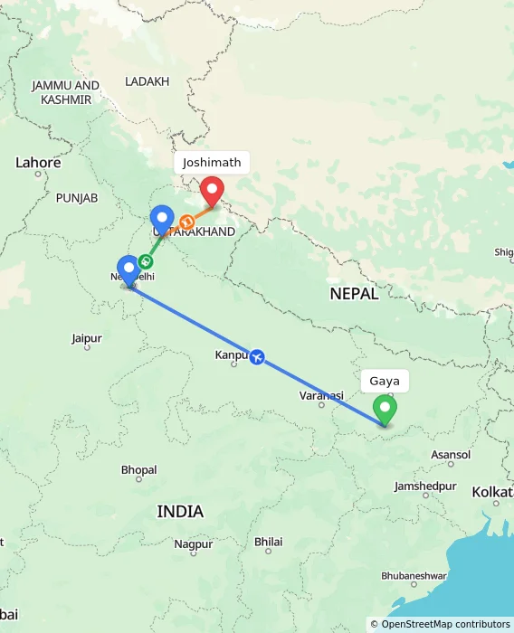 Route map showing distance and travel time from Gaya, India to Joshimath, India