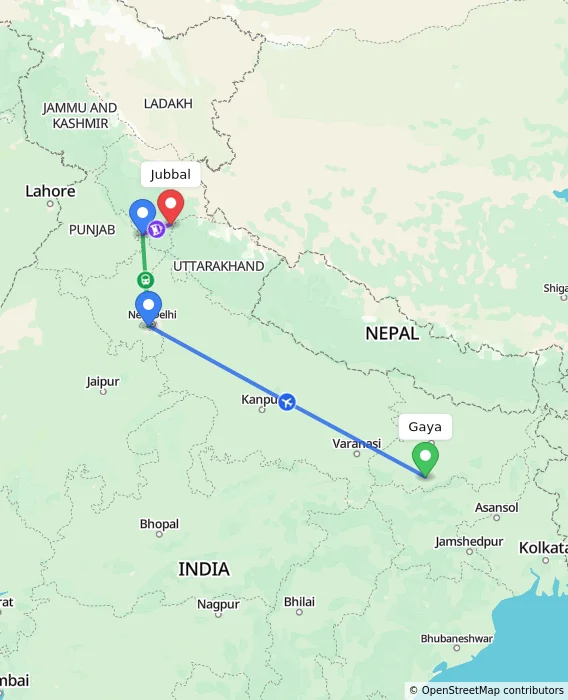 Route map showing distance and travel time from Gaya, India to Jubbal, India