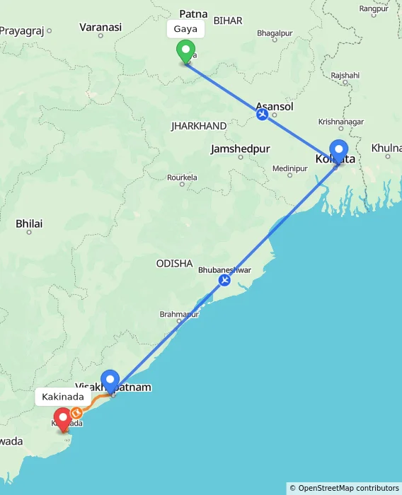 Route map showing distance and travel time from Gaya, India to Kakinada, India
