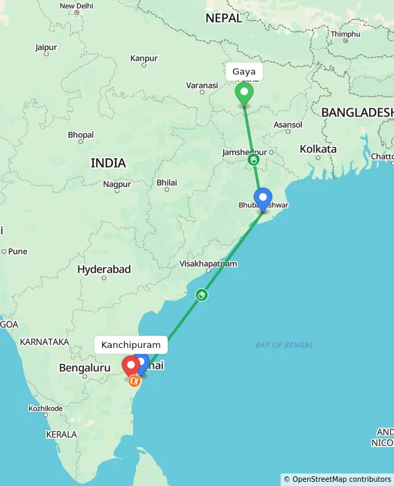 Route map showing distance and travel time from Gaya, India to Kanchipuram, India