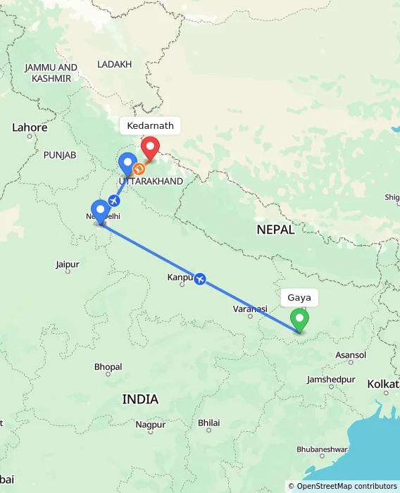 Route map showing distance and travel time from Gaya, India to Kedarnath, India