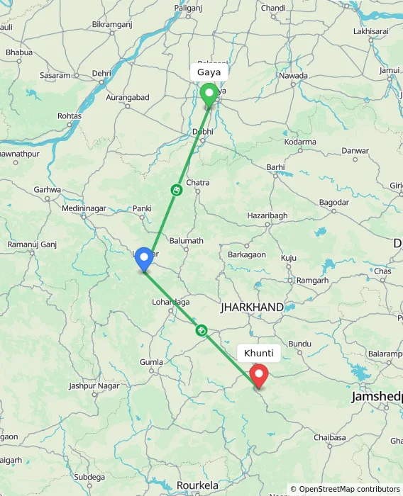 Route map showing distance and travel time from Gaya, India to Khunti, India