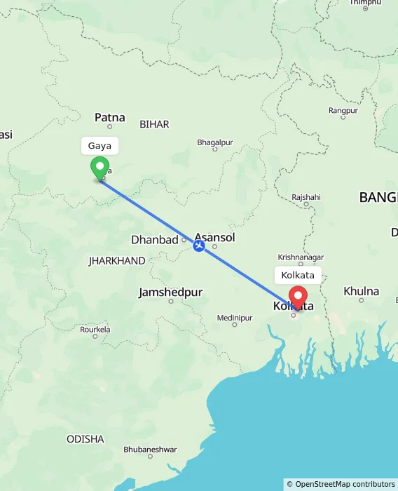 Route map showing distance and travel time from Gaya, India to Kolkata, India