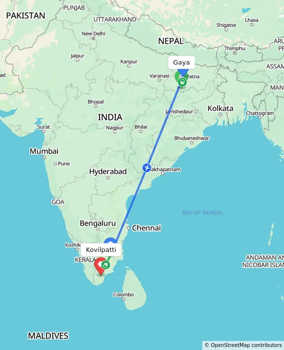 Route map showing distance and travel time from Gaya, India to Kovilpatti, India