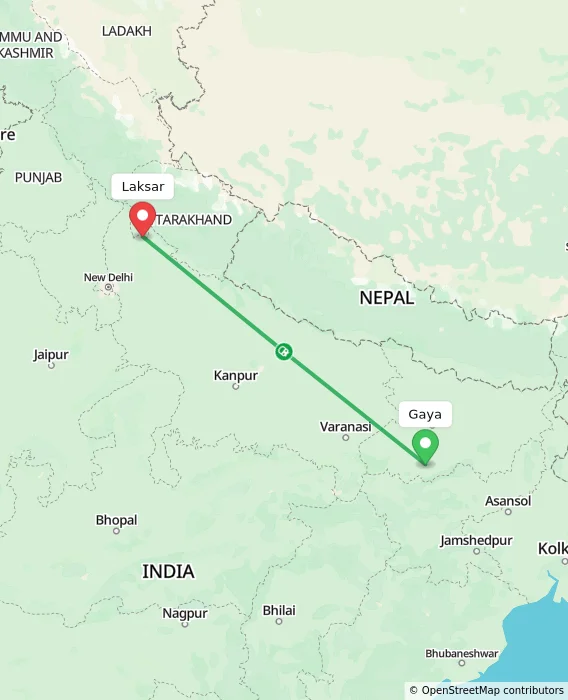 Route map showing distance and travel time from Gaya, India to Laksar, India