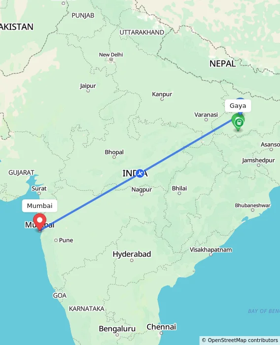 Route map showing distance and travel time from Gaya, India to Mumbai, India