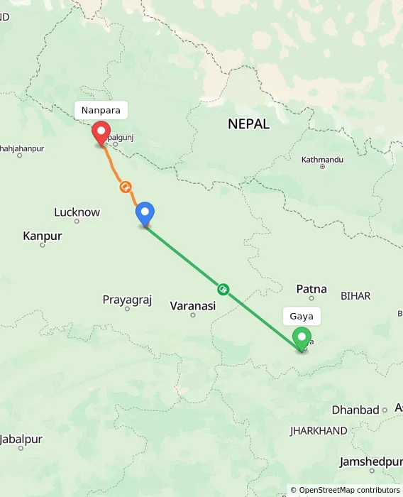 Route map showing distance and travel time from Gaya, India to Nanpara, India