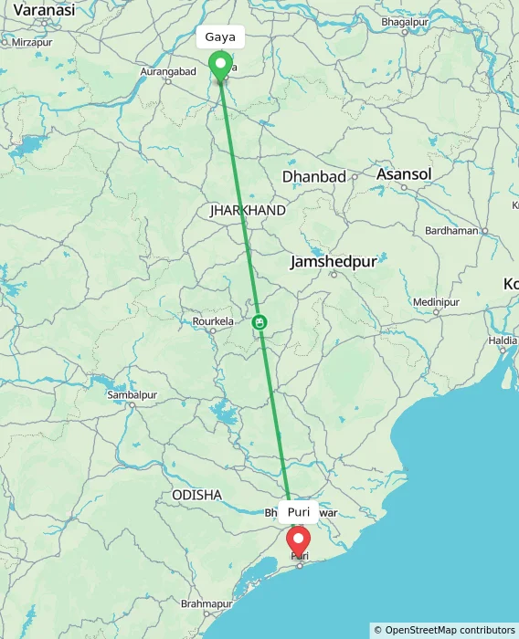 Route map showing distance and travel time from Gaya, India to Puri, India