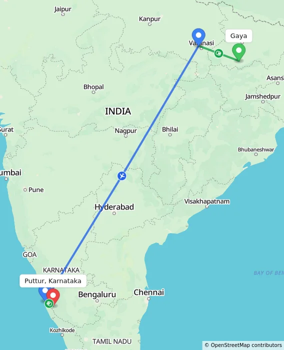 Route map showing distance and travel time from Gaya, India to Puttur, Karnataka, India