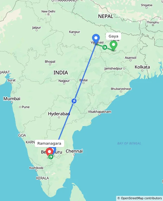 Route map showing distance and travel time from Gaya, India to Ramanagara, India