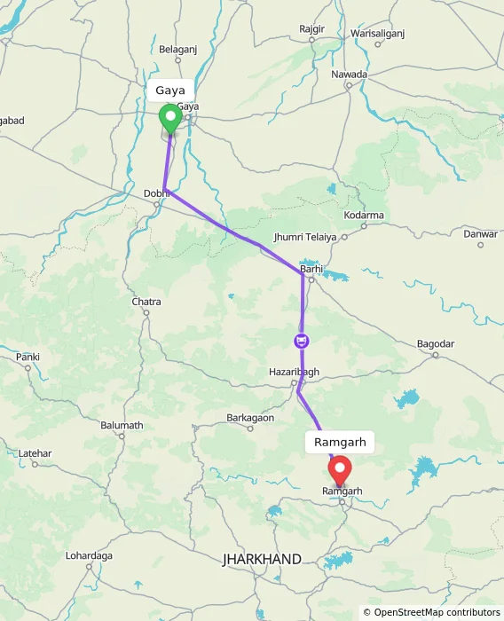 Route map showing distance and travel time from Gaya, India to Ramgarh, India