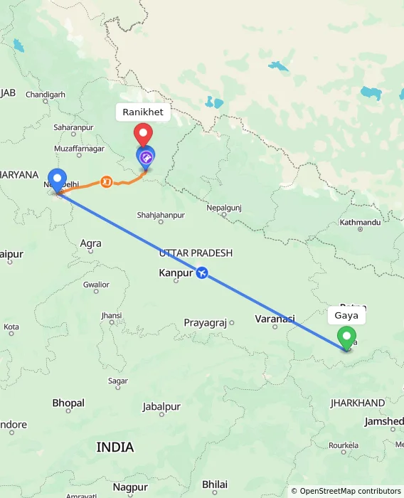 Route map showing distance and travel time from Gaya, India to Ranikhet, India