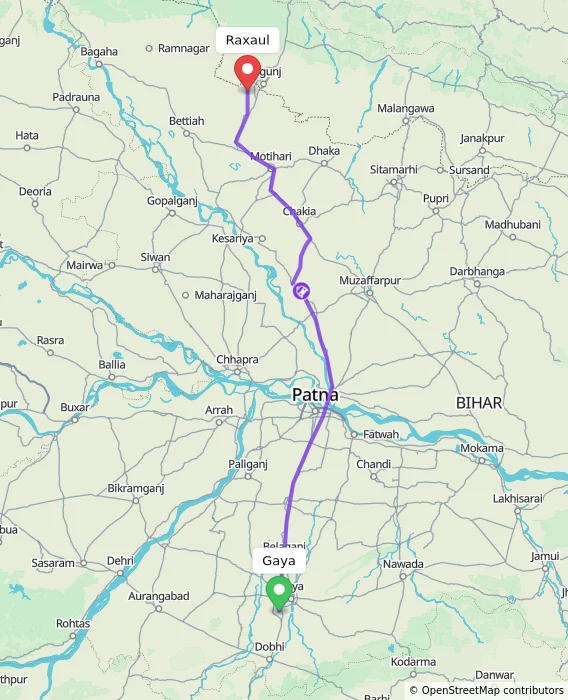 Route map showing distance and travel time from Gaya, India to Raxaul, India