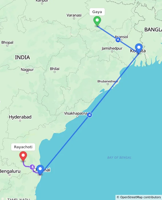 Route map showing distance and travel time from Gaya, India to Rayachoti, India