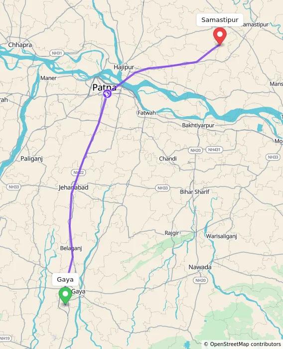 Route map showing distance and travel time from Gaya, India to Samastipur, India