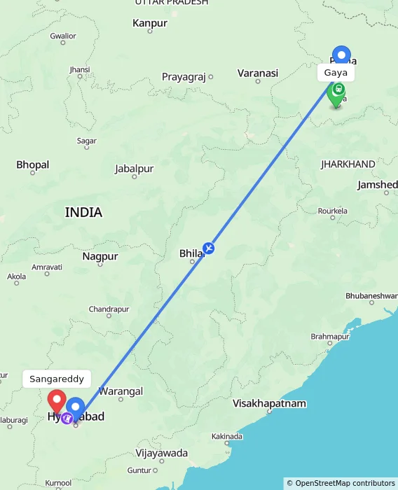 Route map showing distance and travel time from Gaya, India to Sangareddy, India