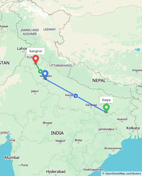 Route map showing distance and travel time from Gaya, India to Sangrur, India