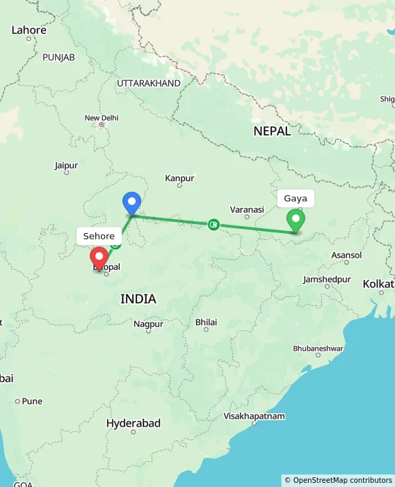 Route map showing distance and travel time from Gaya, India to Sehore, India