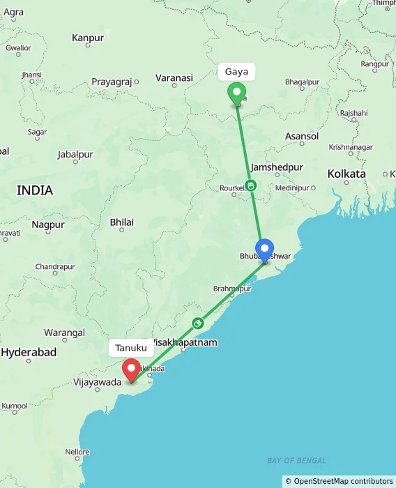 Route map showing distance and travel time from Gaya, India to Tanuku, India