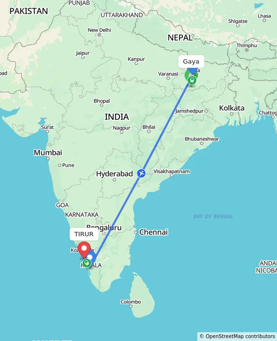 Route map showing distance and travel time from Gaya, India to TIRUR, India
