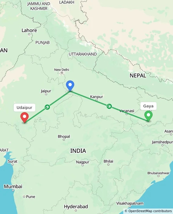 Route map showing distance and travel time from Gaya, India to Udaipur, India