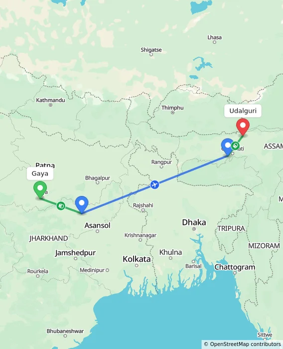 Route map showing distance and travel time from Gaya, India to Udalguri, India