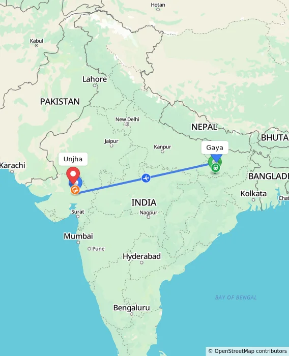 Route map showing distance and travel time from Gaya, India to Unjha, India