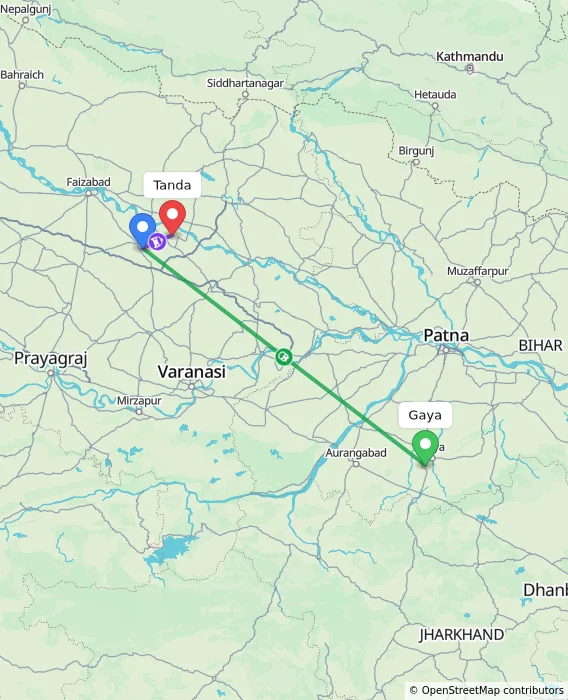 Route map showing distance and travel time from Gaya, India to Tanda, India