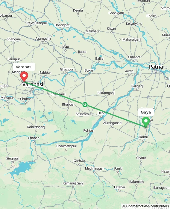 Route map showing distance and travel time from Gaya, India to Varanasi, India