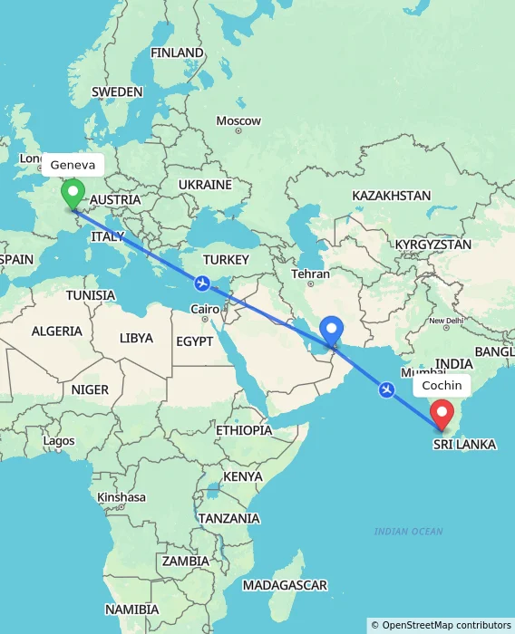 Route map showing distance and travel time from Geneva, Switzerland to Cochin, India
