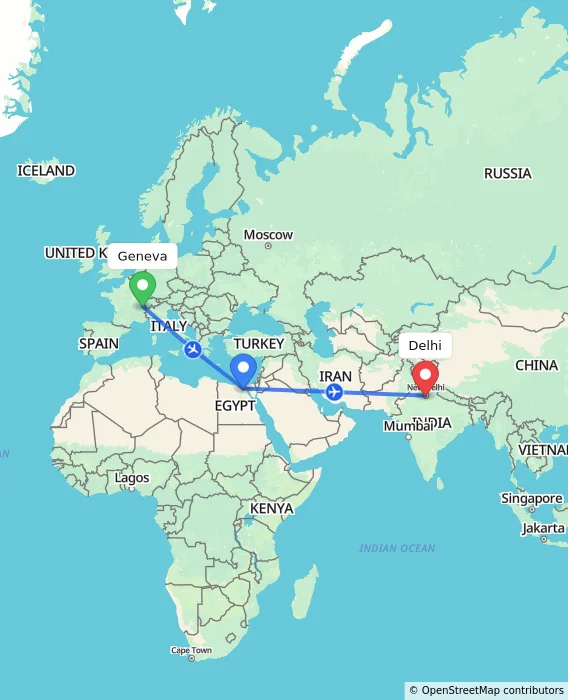 Route map showing distance and travel time from Geneva, Switzerland to Delhi, India