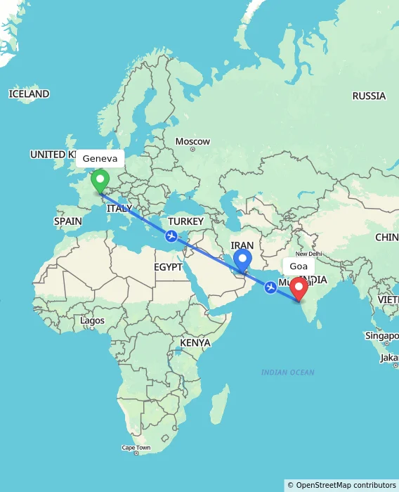 Route map showing distance and travel time from Geneva, Switzerland to Goa, India
