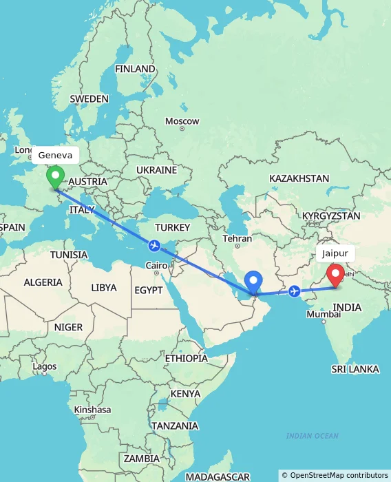 Route map showing distance and travel time from Geneva, Switzerland to Jaipur, India