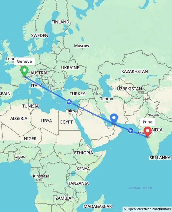 Route map showing distance and travel time from Geneva, Switzerland to Pune, India
