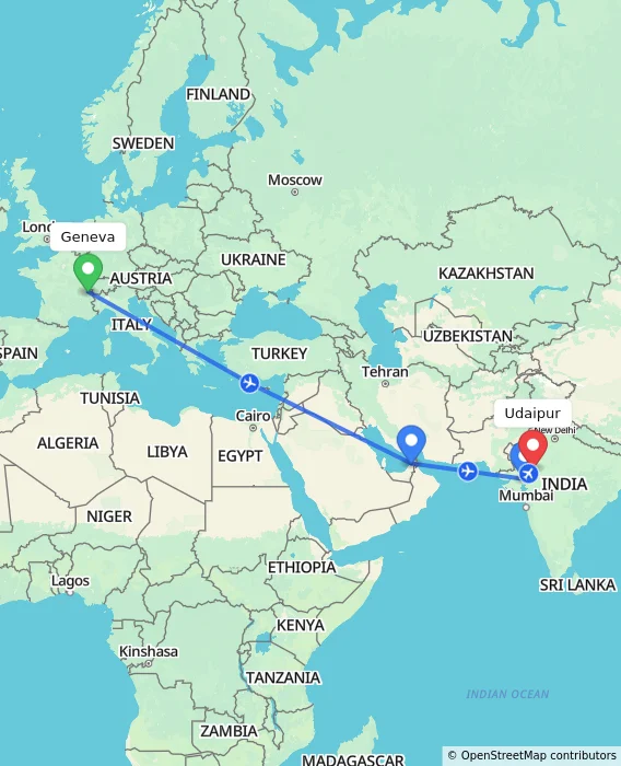 Route map showing distance and travel time from Geneva, Switzerland to Udaipur, India
