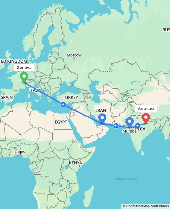 Route map showing distance and travel time from Geneva, Switzerland to Varanasi, India