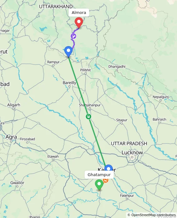 Route map showing distance and travel time from Ghatampur, India to Almora, India