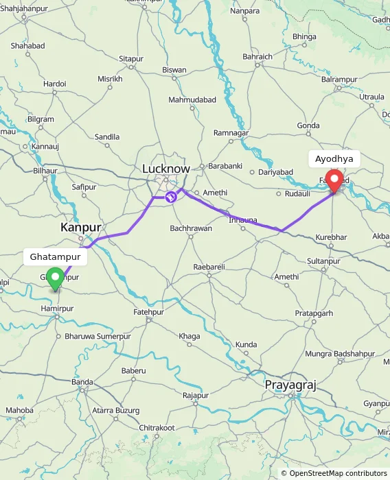 Route map showing distance and travel time from Ghatampur, India to Ayodhya, India