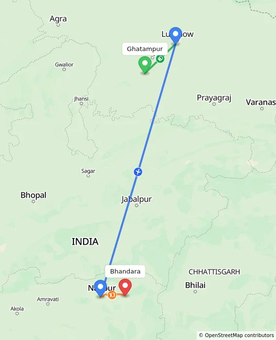 Route map showing distance and travel time from Ghatampur, India to Bhandara, India