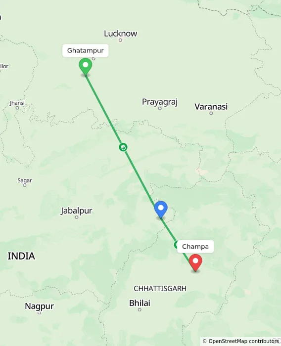Route map showing distance and travel time from Ghatampur, India to Champa, India