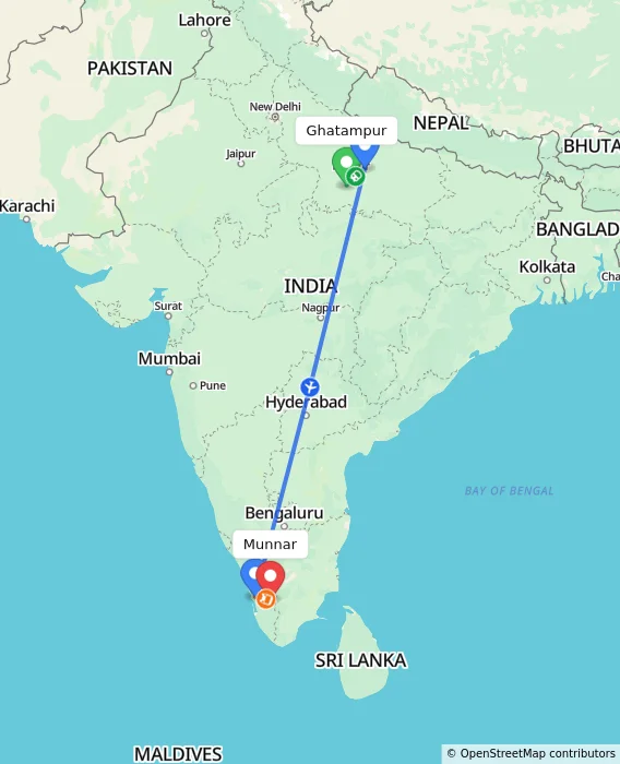 Route map showing distance and travel time from Ghatampur, India to Munnar, India