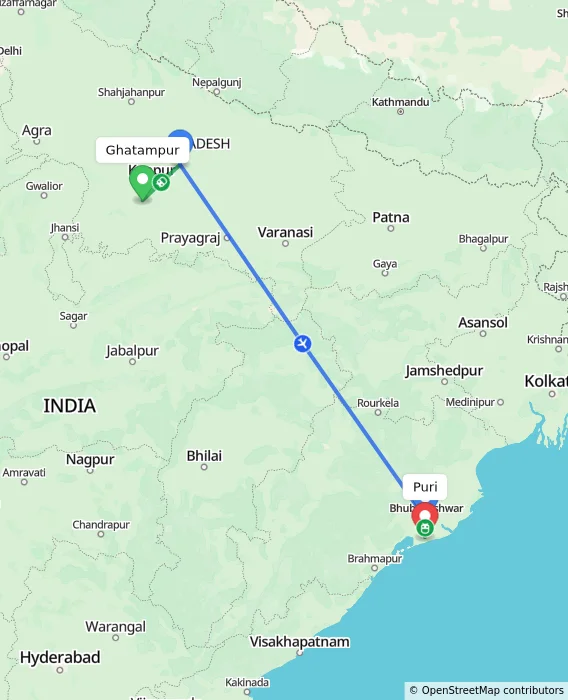 Route map showing distance and travel time from Ghatampur, India to Puri, India