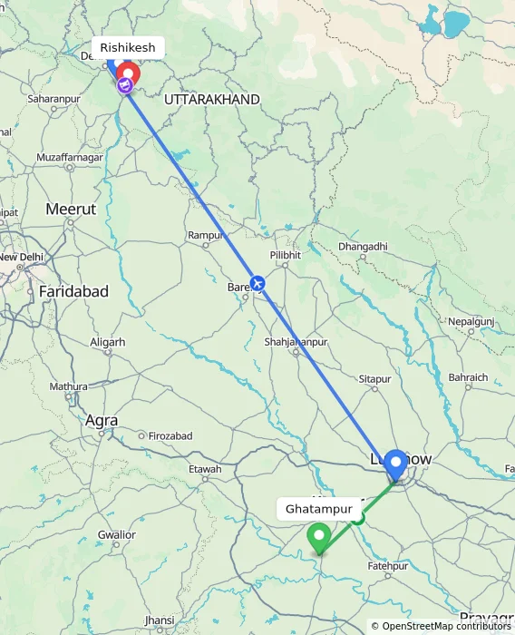 Route map showing distance and travel time from Ghatampur, India to Rishikesh, India
