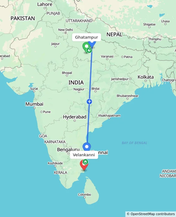 Route map showing distance and travel time from Ghatampur, India to Velankanni, India